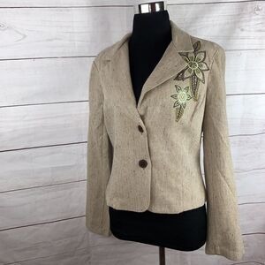 Rue21 wool tweed blazer embroidery Large 8 10 12 floral button collar Brown Art